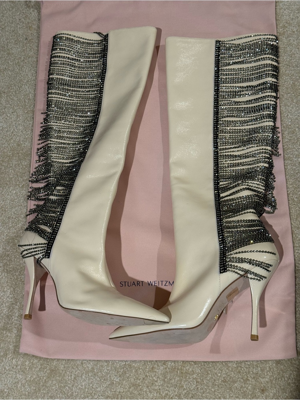 Stuart Weitzman Alabaster Knee Boots with Black Crystal Fringe